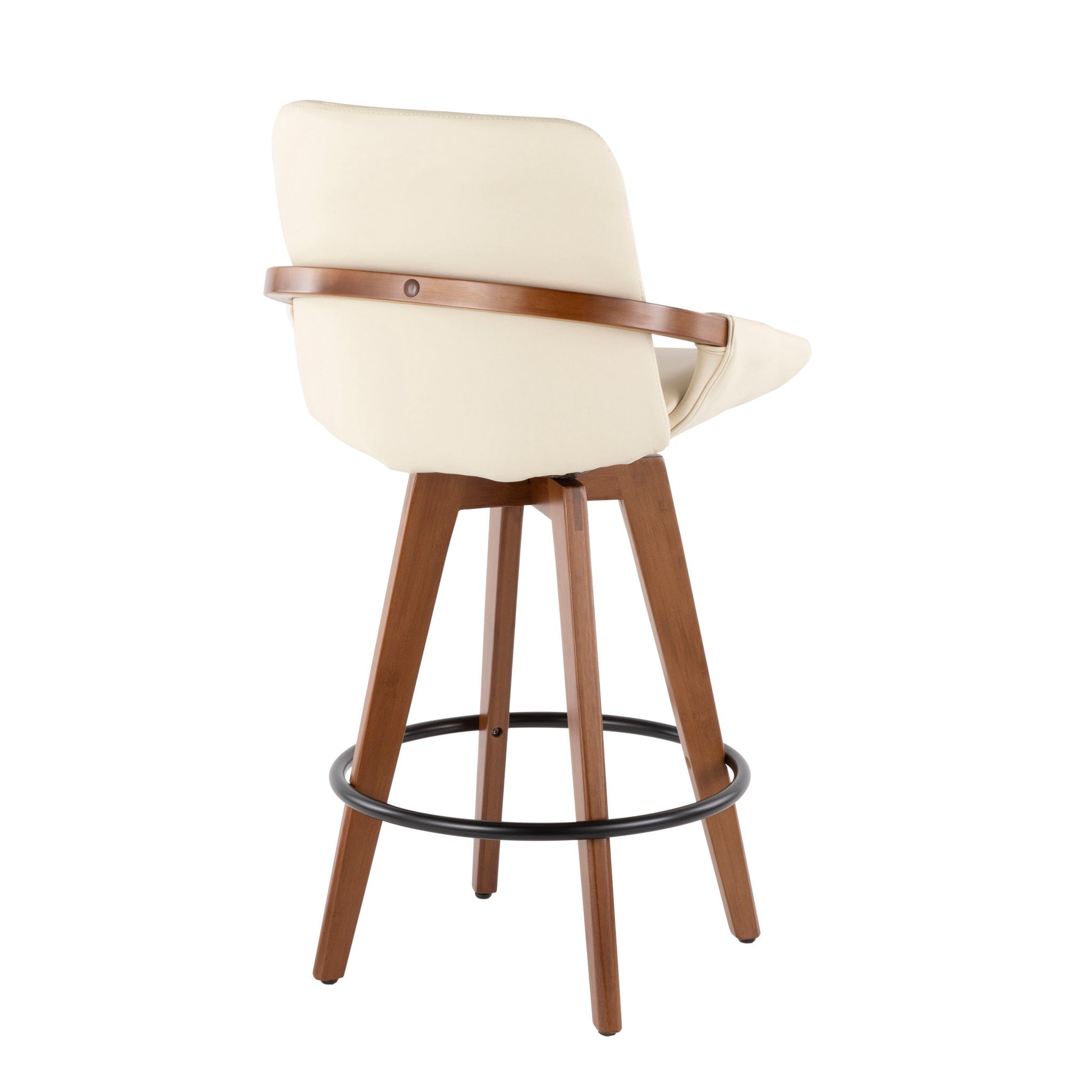 The Cosmo - Mid Century Counter Stool features a cream cushioned seat and backrest, wooden legs, a round wooden accent on the back, and a black metal footrest for modern style and comfort.