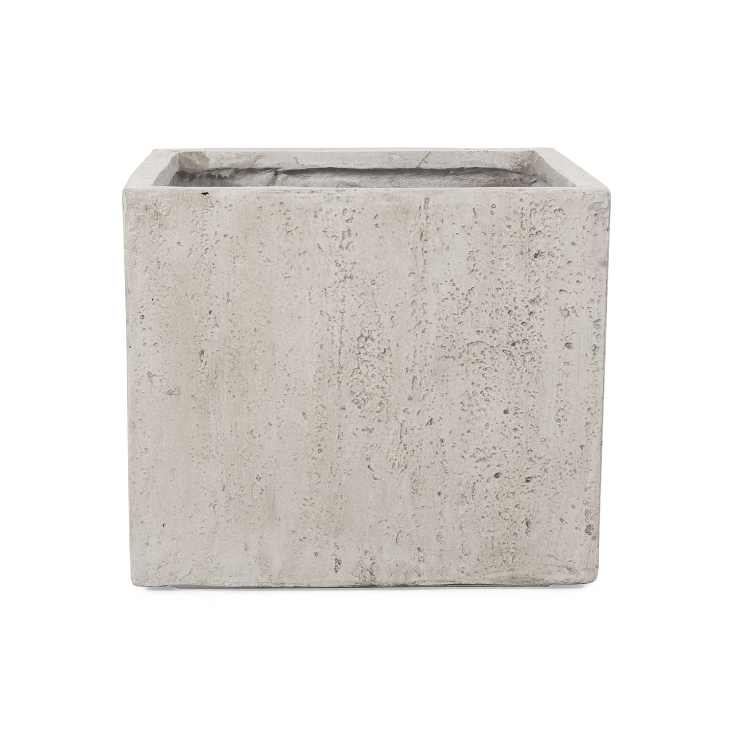 The Modern Outdoor Planter is a rectangular, light gray concrete planter with a rough, textured surface. It is shown empty and viewed from the front against a white background.