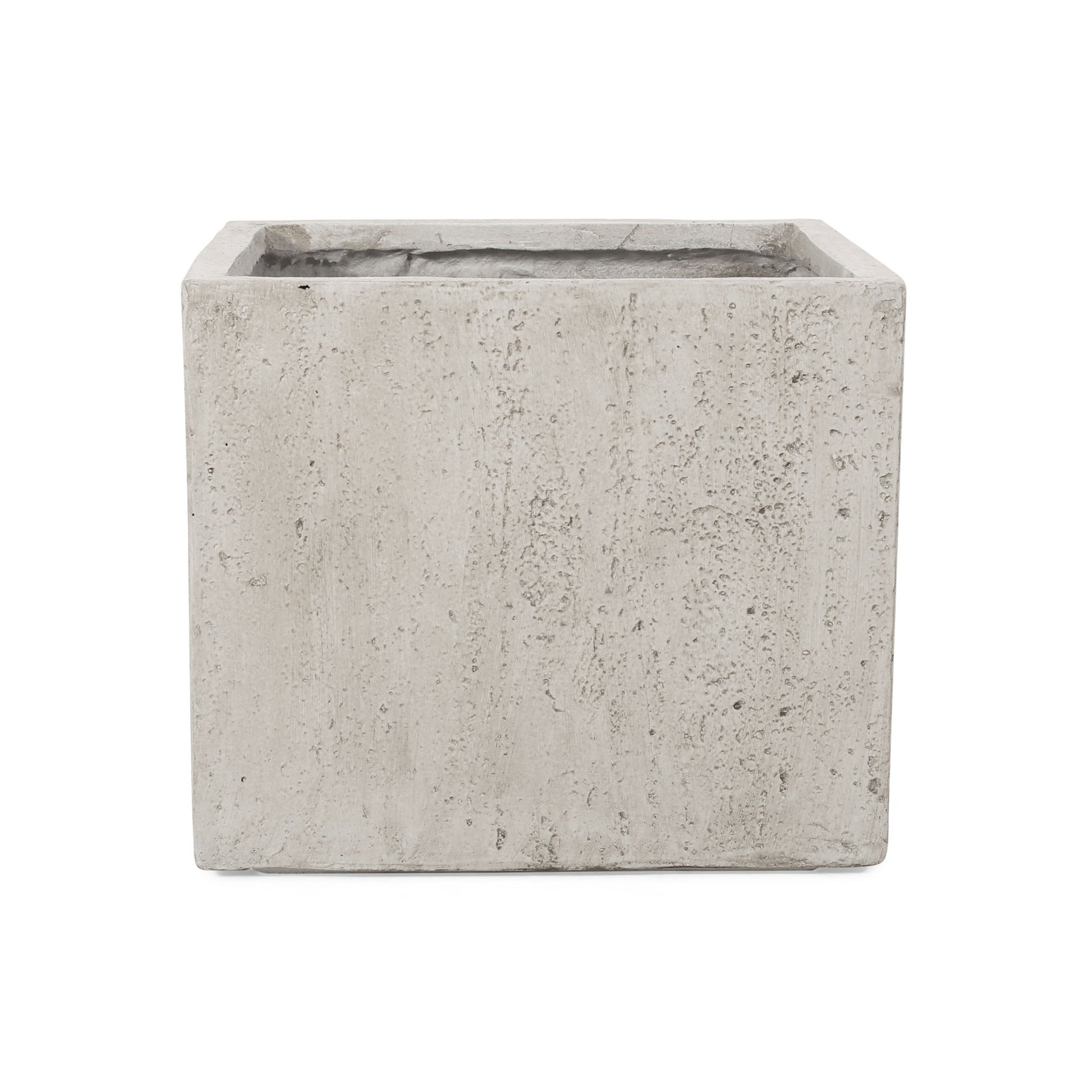 The Modern Outdoor Planter is a rectangular, light gray concrete planter with a rough, textured surface. It is shown empty and viewed from the front against a white background.