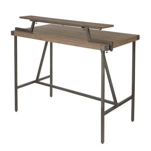 The Gia - Industrial Counter Table features a rectangular wood surface, sturdy metal frame legs, and an elevated shelf supported by metal arms above the tabletop.