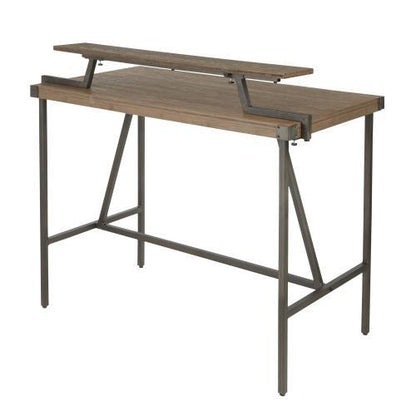 The Gia - Industrial Counter Table features a rectangular wood surface, sturdy metal frame legs, and an elevated shelf supported by metal arms above the tabletop.