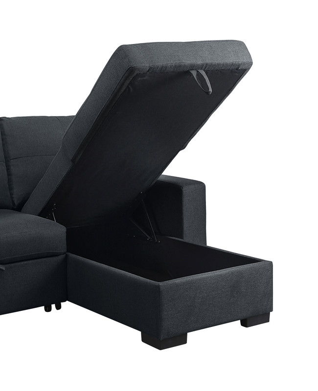 The Lucas Linen Sleeper Sectional Sofa in dark gray features a reversible chaise with a lift-up seat and hidden storage compartment.