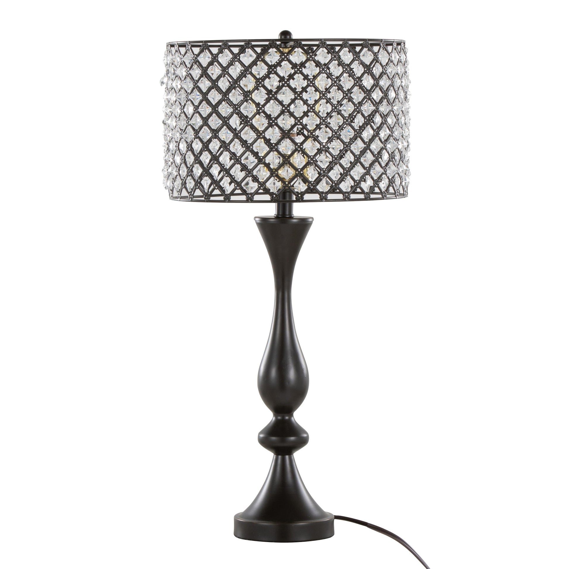The Topaz - Contemporary Table Lamp features a black sculpted base and a drum lampshade with a lattice pattern and crystal-like accents, plus a visible cord for plugging in.