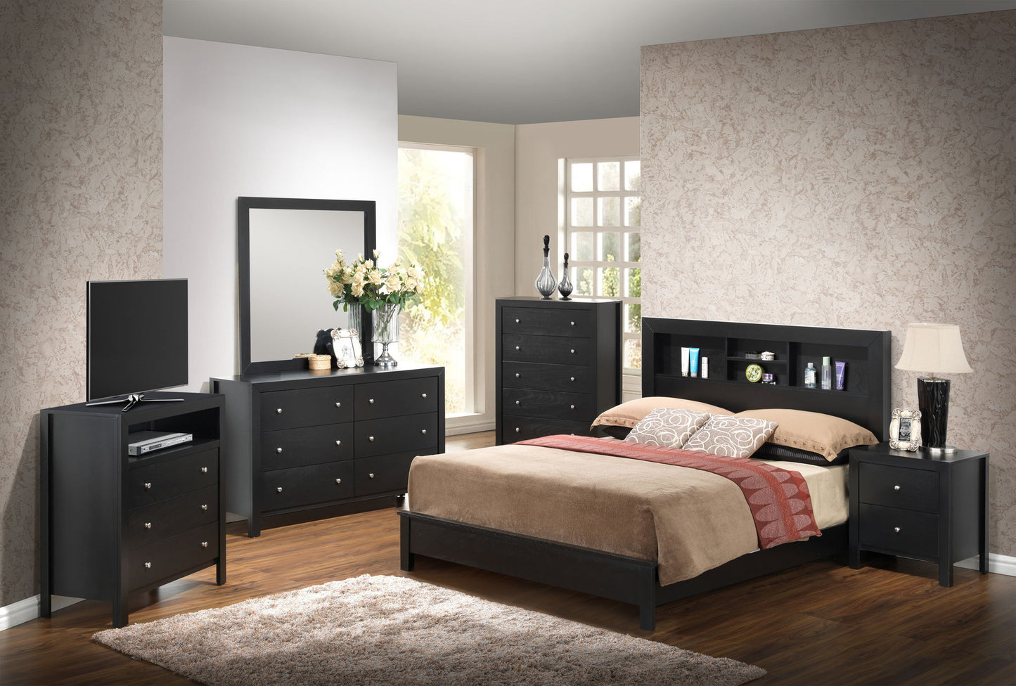 A modern bedroom features the Bed With Transitional Design Stylish in black, paired with matching dresser with mirror, chest of drawers, nightstand, and TV stand. Neutral walls, hardwood floors, and a beige rug finish the look.