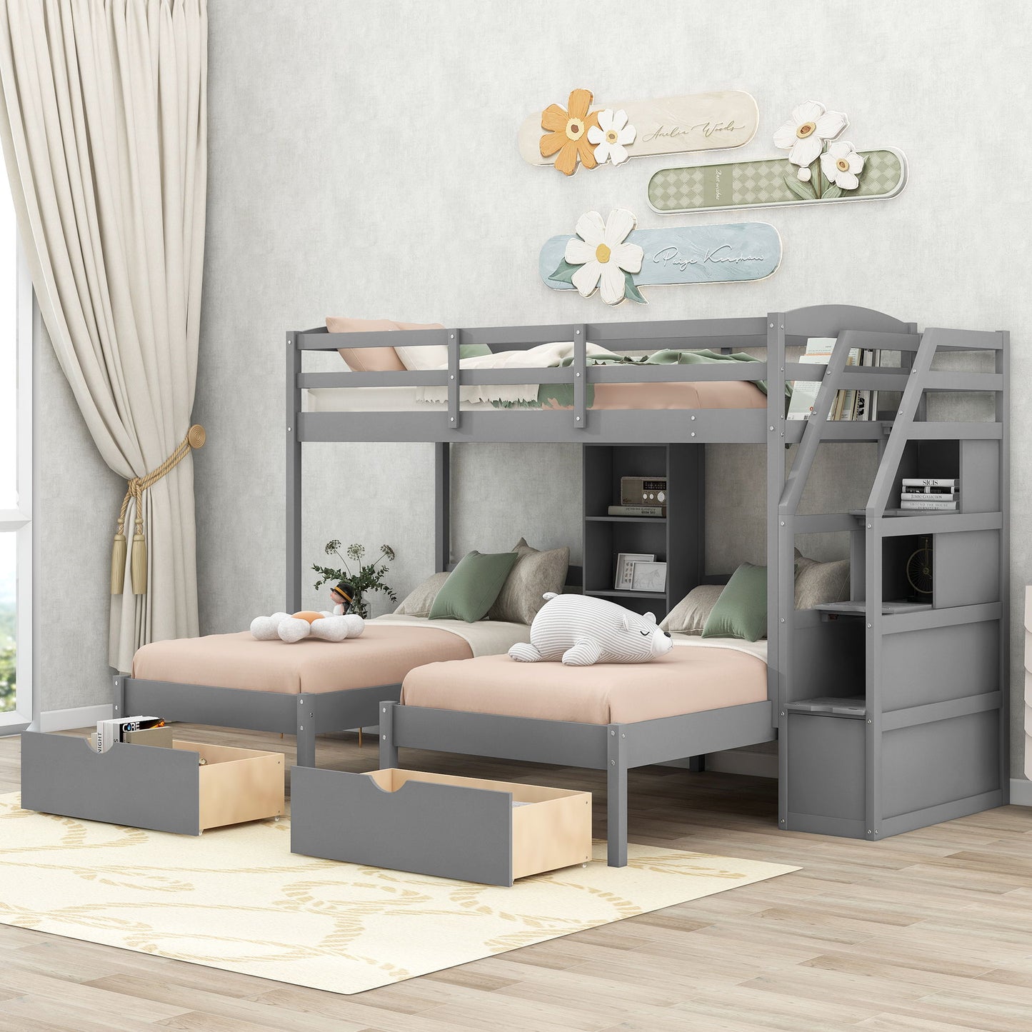 Twin Over Twin & Twin Bunk Bed With Drawers, Staircase Storage, Built In Shelves - Gray