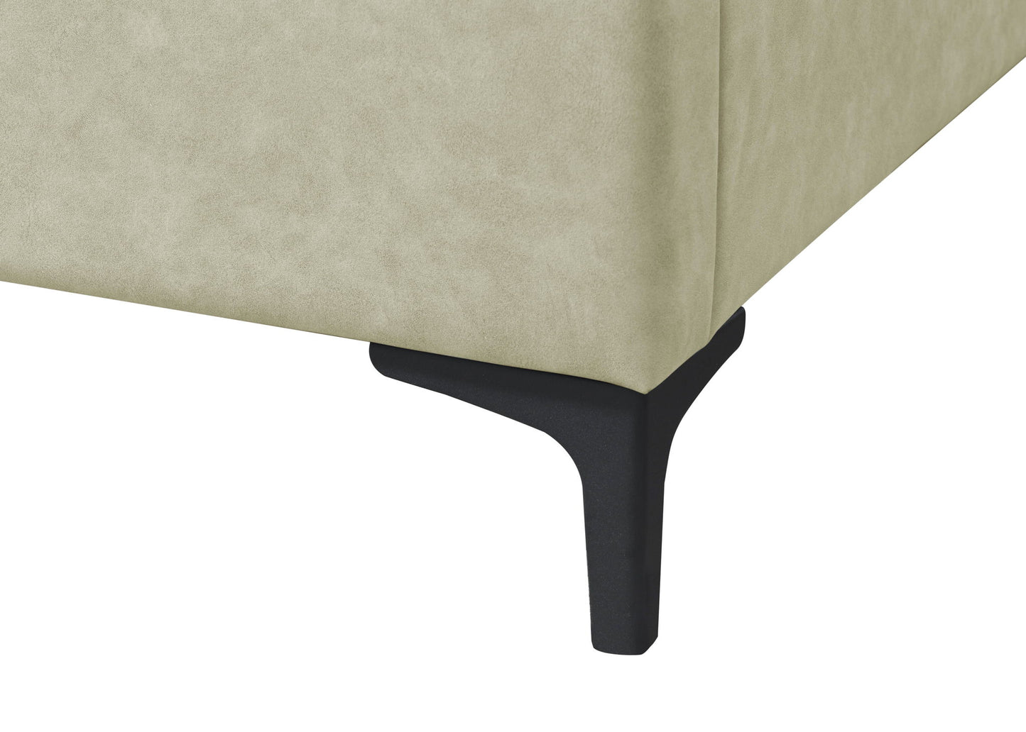 Close-up of the corner of a Fully Upholstered Bed in light beige with a black, modern, angled metal leg.