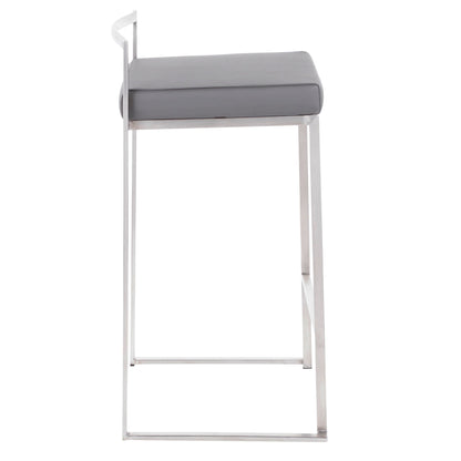 Side view of Fuji - Elegant Design Contemporary Stackable Counter Stool featuring a gray cushioned seat, minimalist backrest, and sleek metal frame with straight lines on a rectangular chrome base.