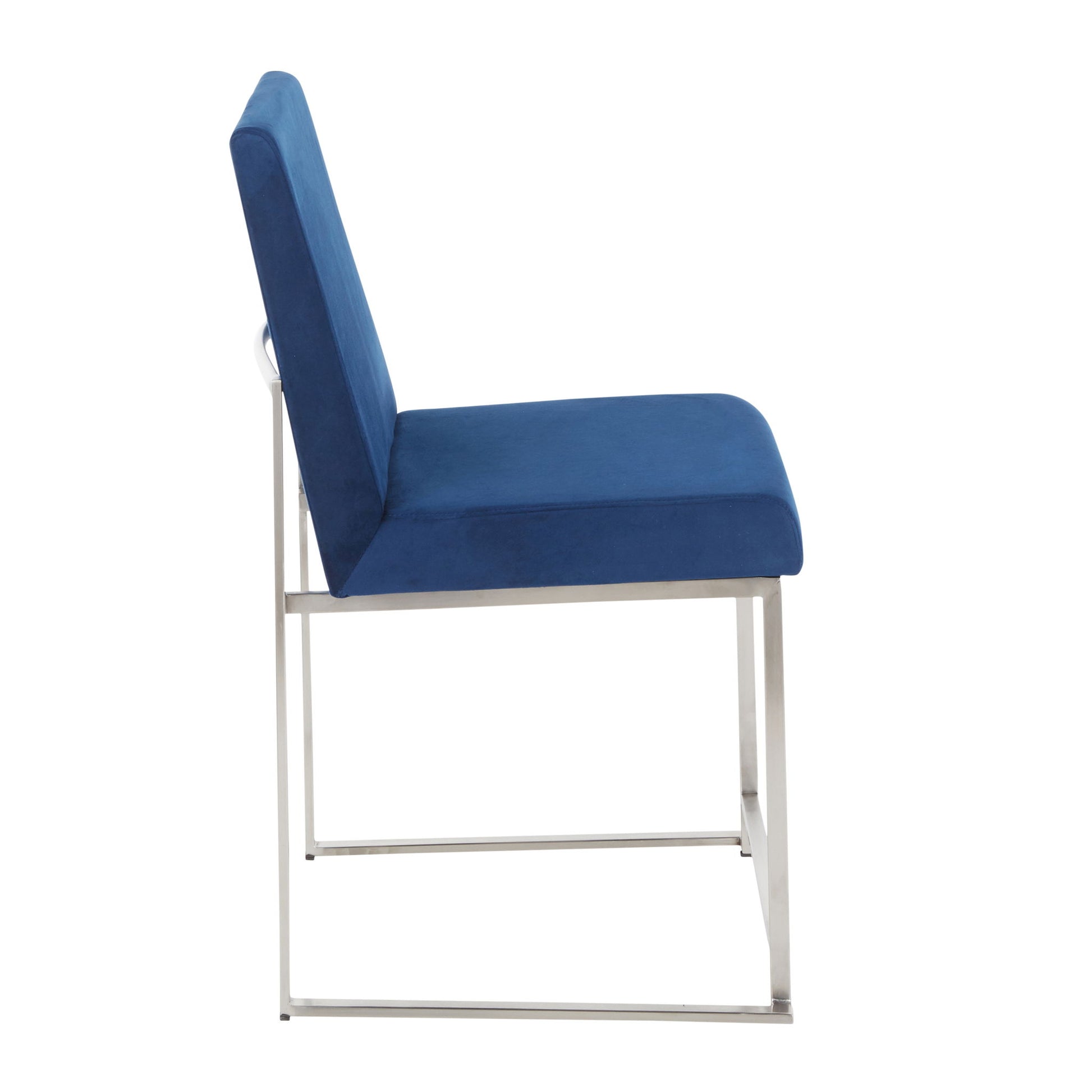Side view of the Fuji - Contemporary Modern Elegance High Back Dining Chair (Set of 2) featuring a blue cushioned seat and backrest with a sleek silver metal frame, showcasing a minimalist, contemporary design.
