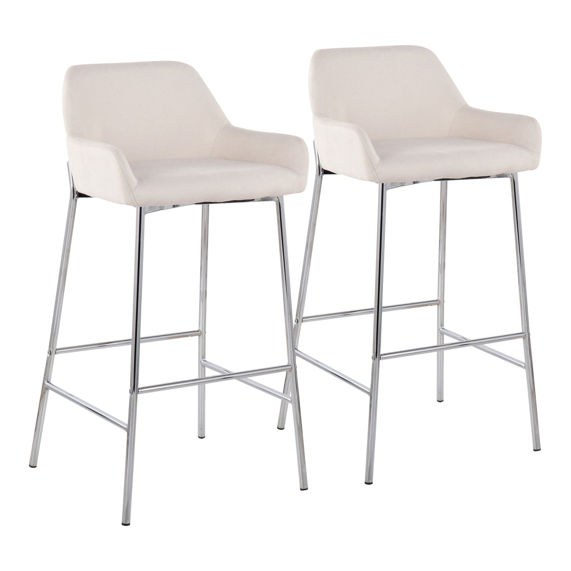 The Daniella Contemporary Fixed Height Bar Stool (Set of 2) features white upholstered seats and backs, metal armrests, and chrome-finished legs with footrests, shown side by side against a white background.