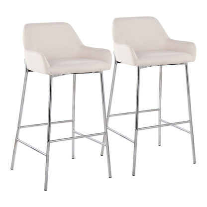 The Daniella Contemporary Fixed Height Bar Stool (Set of 2) features white upholstered seats and backs, metal armrests, and chrome-finished legs with footrests, shown side by side against a white background.