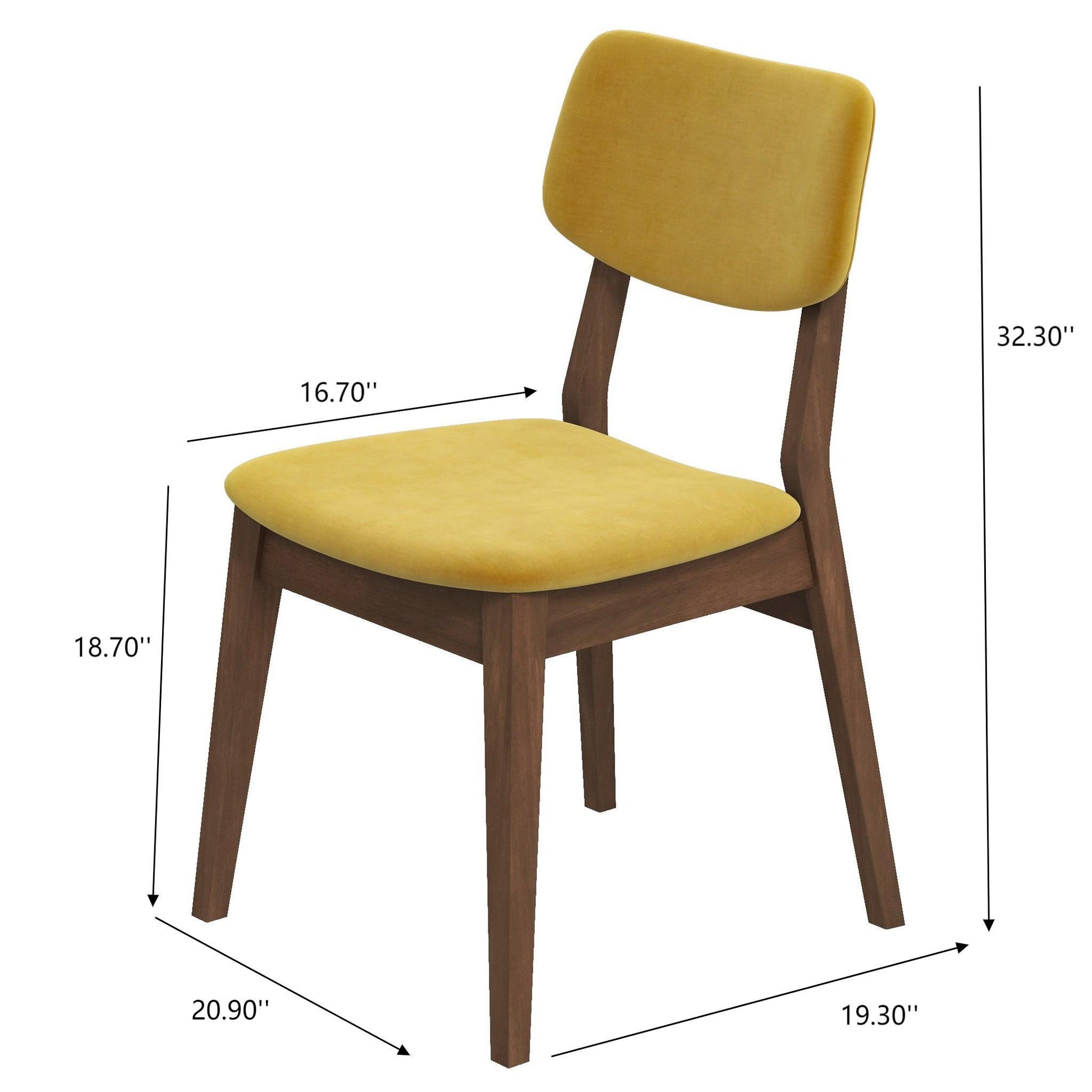 Carlos - Solid Back Side Chair (Set of 2) features a mid-century modern design with a mustard yellow cushioned seat and backrest, dark wooden frame, and dimensions: height 32.3", seat height 18.7", seat width 16.7", depth 20.9" x 19.3".