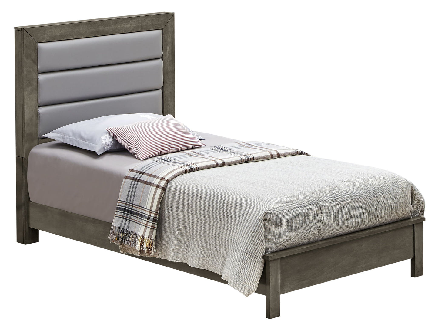 The Transitional Modern Design Bed features a gray padded headboard, gray bedding, two pillows, and a plaid blanket folded at the foot of the bed.