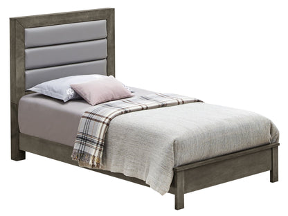 The Transitional Modern Design Bed features a gray padded headboard, gray bedding, two pillows, and a plaid blanket folded at the foot of the bed.