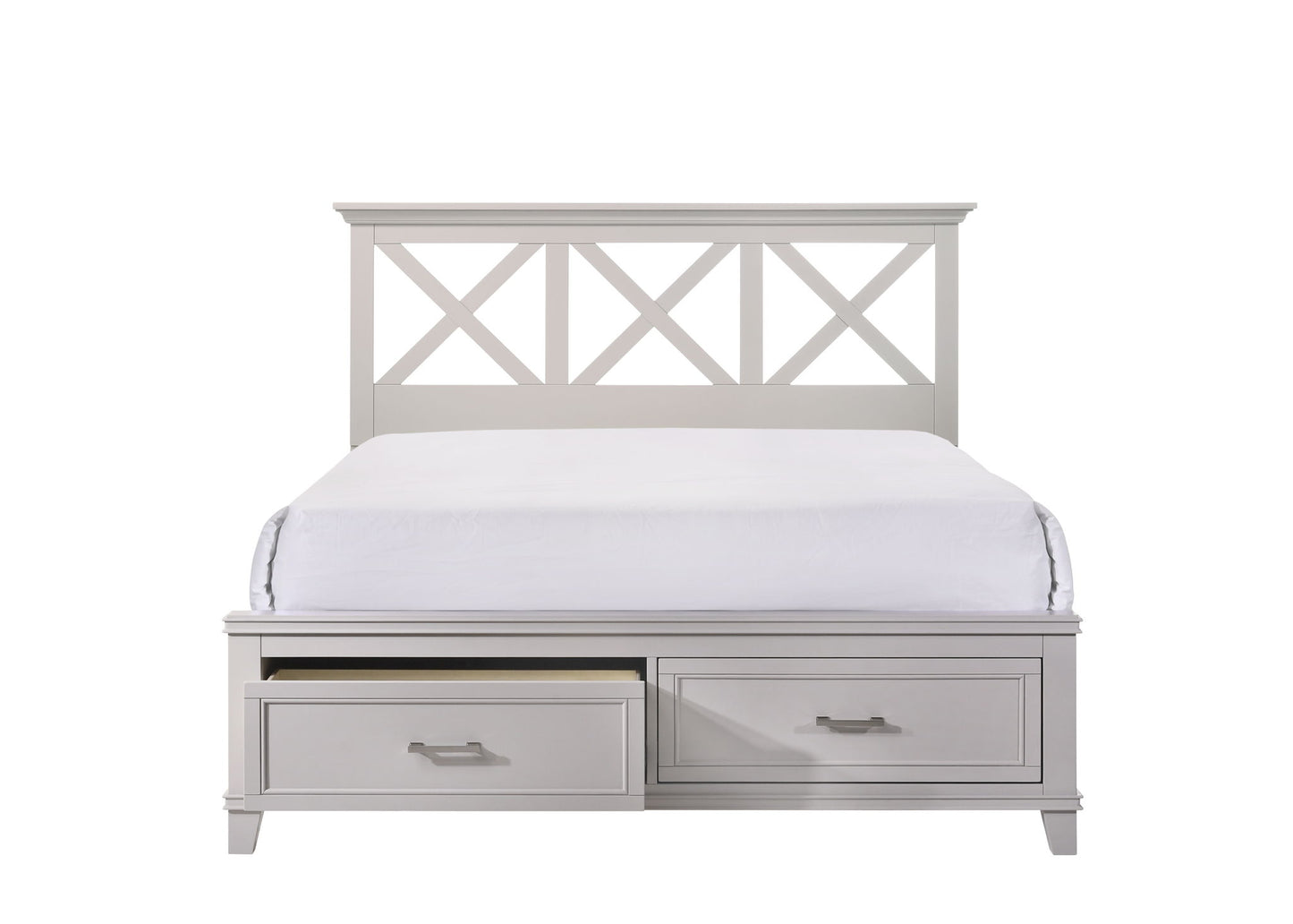 The X Ample Storage Bed features a white finish, geometric headboard, and two footboard storage drawers—one slightly open—all set against a plain white background.