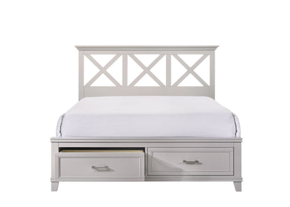 The X Ample Storage Bed features a white finish, geometric headboard, and two footboard storage drawers—one slightly open—all set against a plain white background.