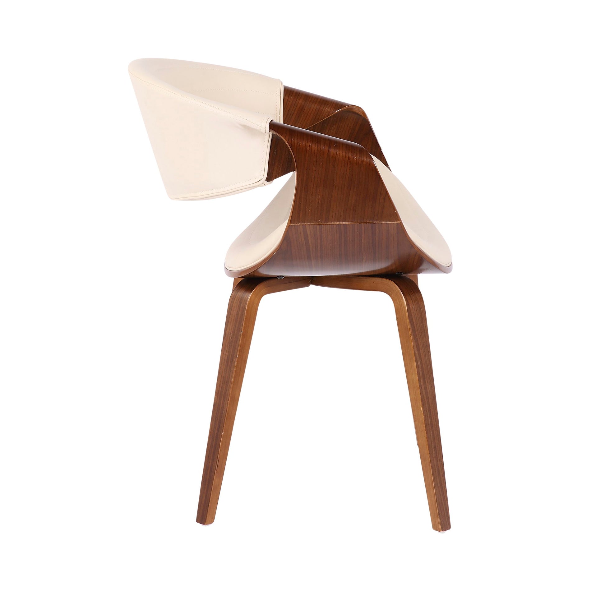 The Symphony - Mid Century Modern Dining Chair features a curved, sculptural wooden frame with a light cushioned seat and backrest, shown from the side against a white background.