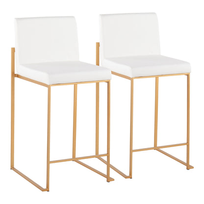 Two Fuji Contemporary High Back Stylish Counter Stools with white cushioned seats, sleek gold metal frames, and footrests are placed side by side on a white background.