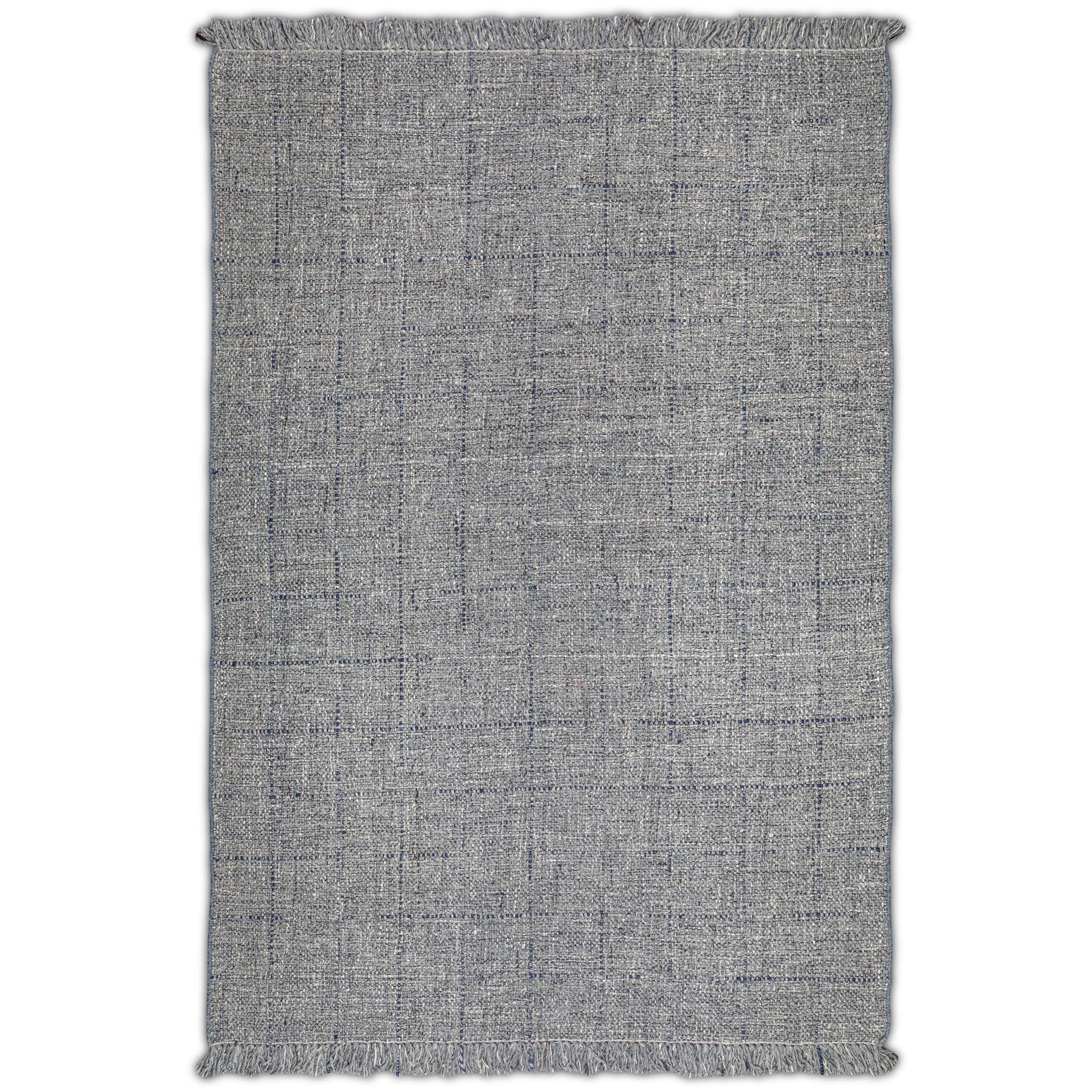 The Tenney - Handcrafted Area Rug is a rectangular gray woven rug featuring a subtle textured pattern and short fringe on the shorter edges, shown on a white background.