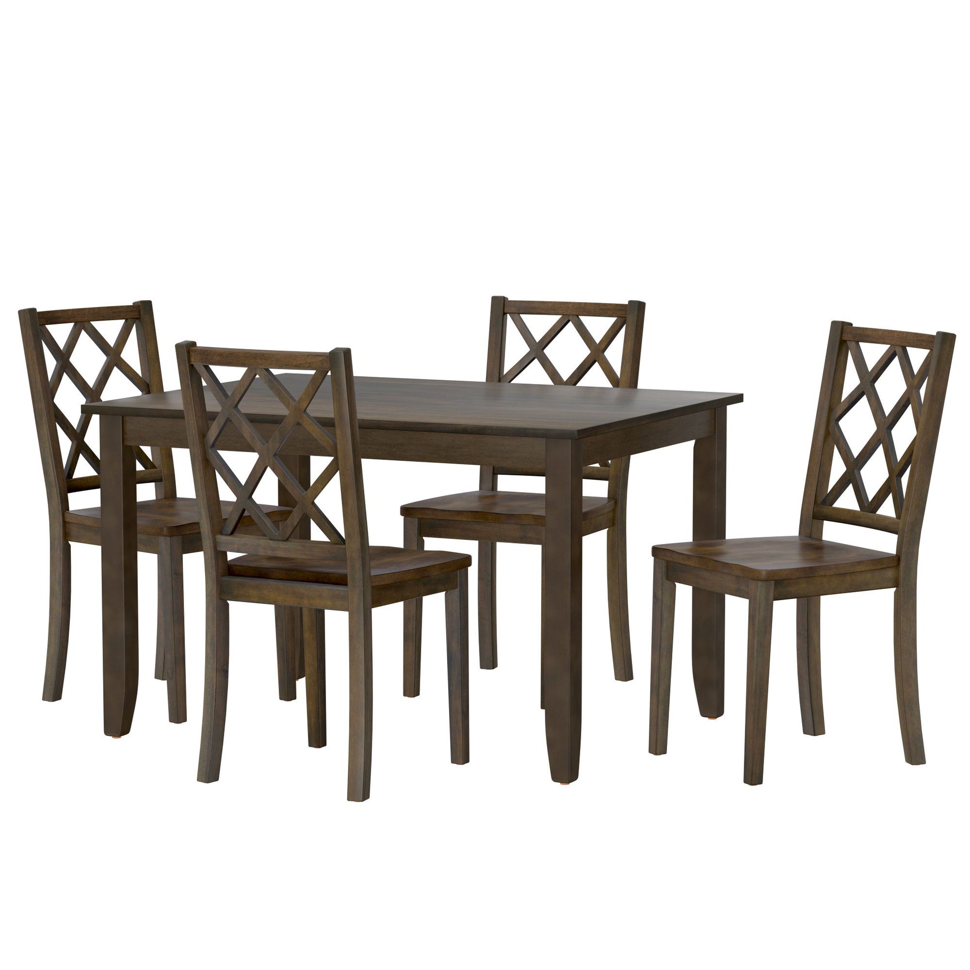 The Velvety 5 Piece Dining Table Set in brown includes a rectangular table and four chairs with a cross lattice back design, all showcased on a white background.