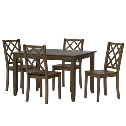 The Velvety 5 Piece Dining Table Set in brown includes a rectangular table and four chairs with a cross lattice back design, all showcased on a white background.