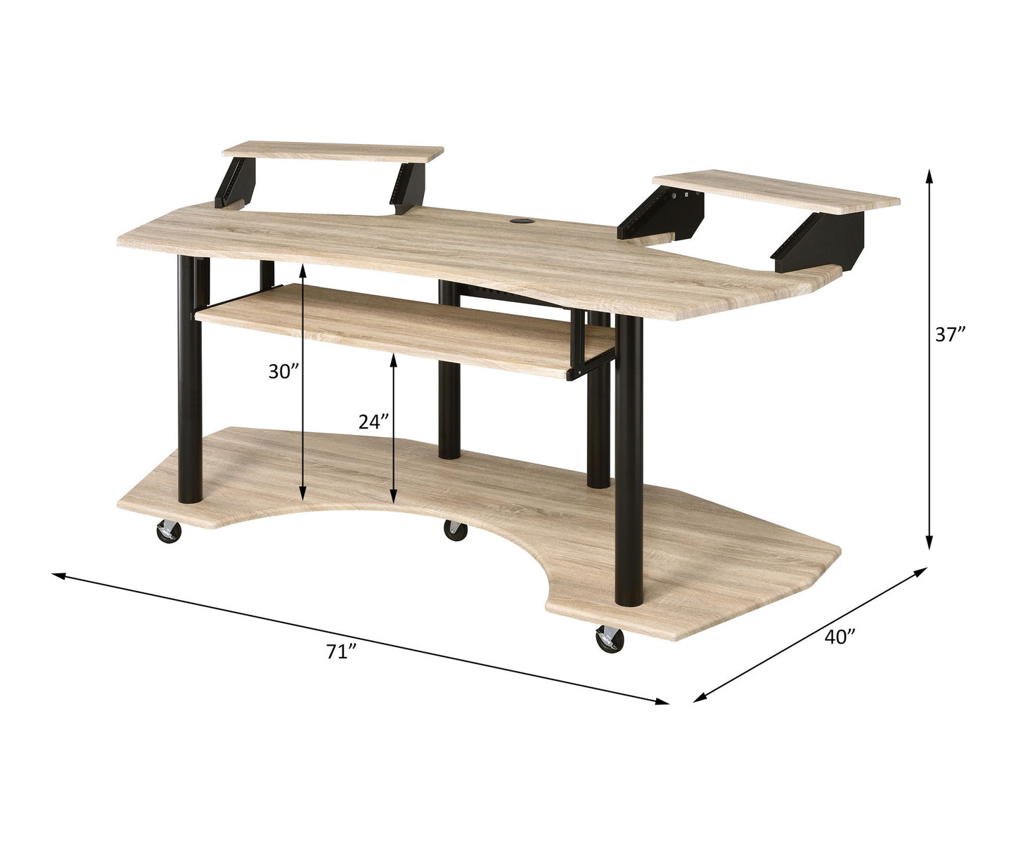 The Eleazar Music Recording Studio Desk features light wood and black metal, caster wheels, three tiers, raised monitor stands, and measures 71"W x 40"D x 37"H; the middle tier is 30"W x 24"H.