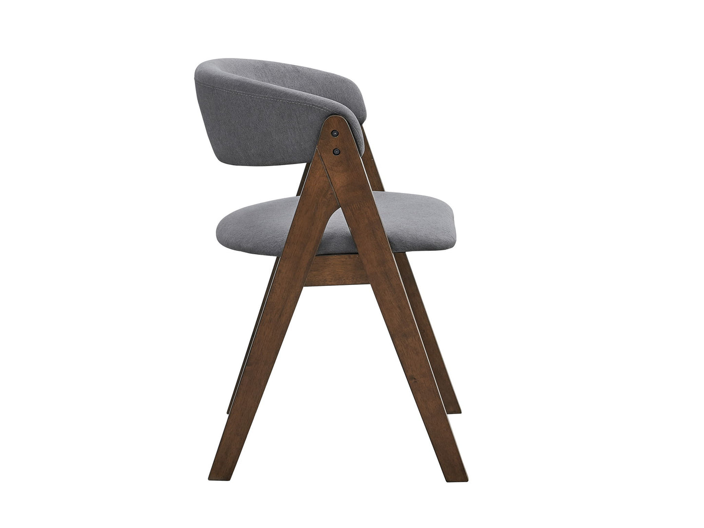 The Keiki Side Chair (Set of 2) features a modern wooden frame with angled legs and gray fabric upholstery on the seat and curved backrest, shown from the side against a white background.