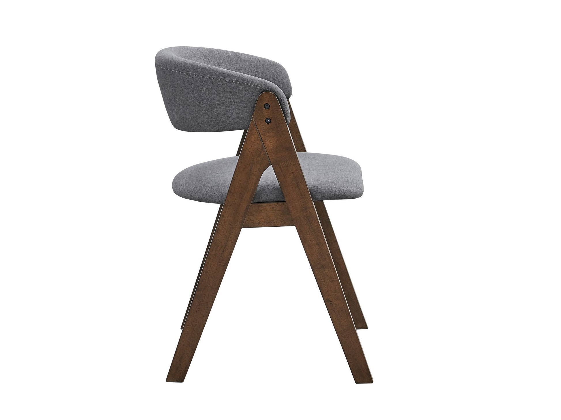 The Keiki Side Chair (Set of 2) features a modern wooden frame with angled legs and gray fabric upholstery on the seat and curved backrest, shown from the side against a white background.