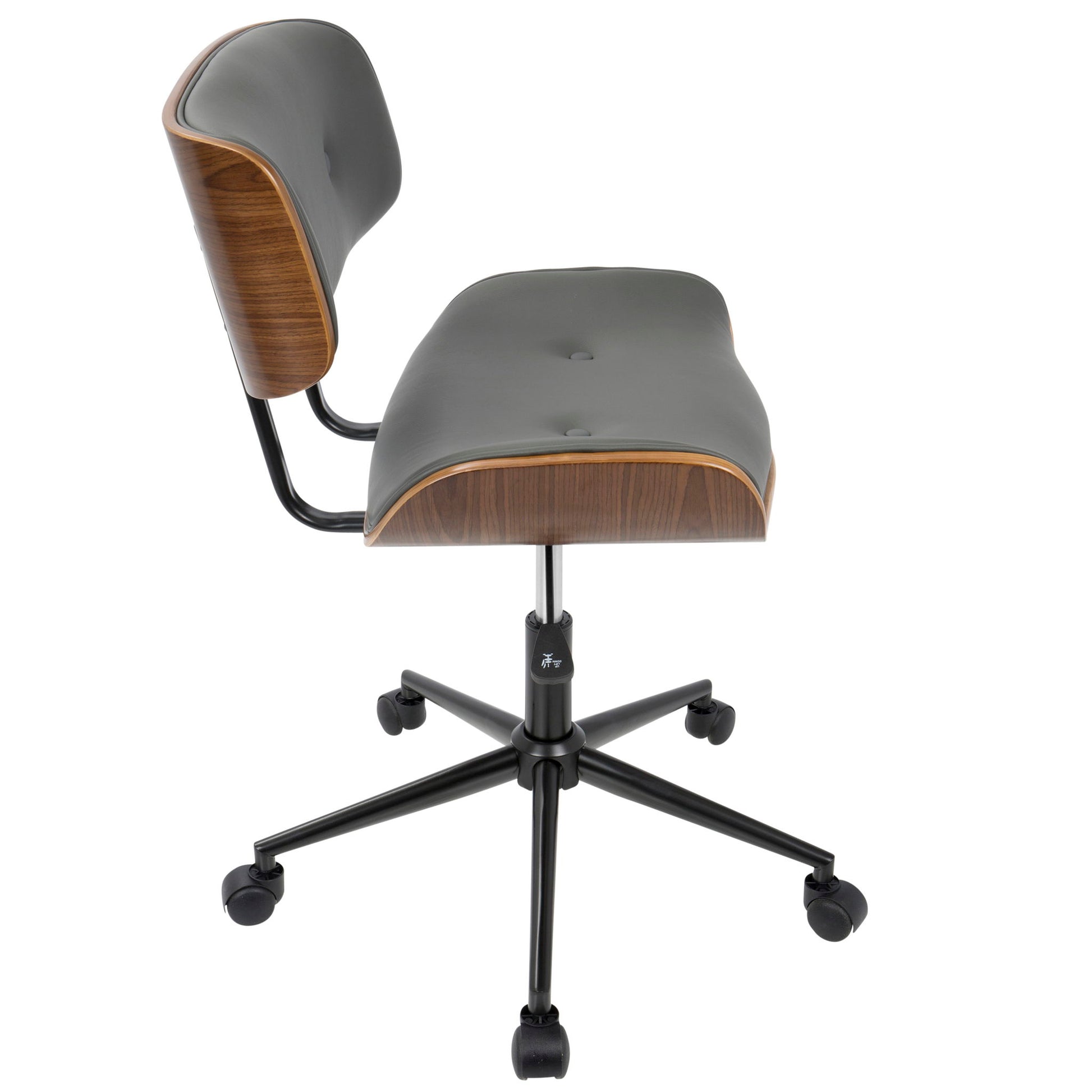 The Lombardi Mid Century Modern Adjustable Office Chair features a curved wooden backrest, gray cushioned seat and back, and a black five-wheel metal base, shown from the side.