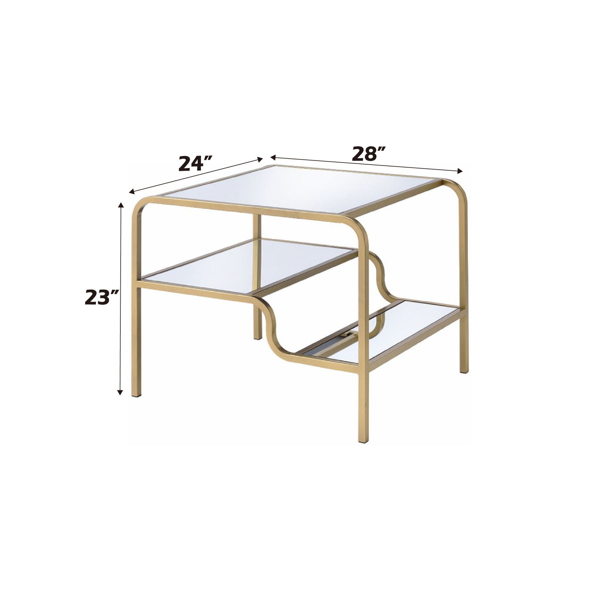 The Astrid - Mirrored Table is a rectangular side table with a gold frame, two glass shelves (lower shelf features a curved cutout), and dimensions of 24" D x 28" W x 23" H.