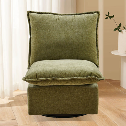The Detachable Chenille Single 360 Swivel Rocking Rocker offers plush comfort in a green armless design, set on a wooden floor with beige walls, white curtains, and a round table with a potted plant in the background.