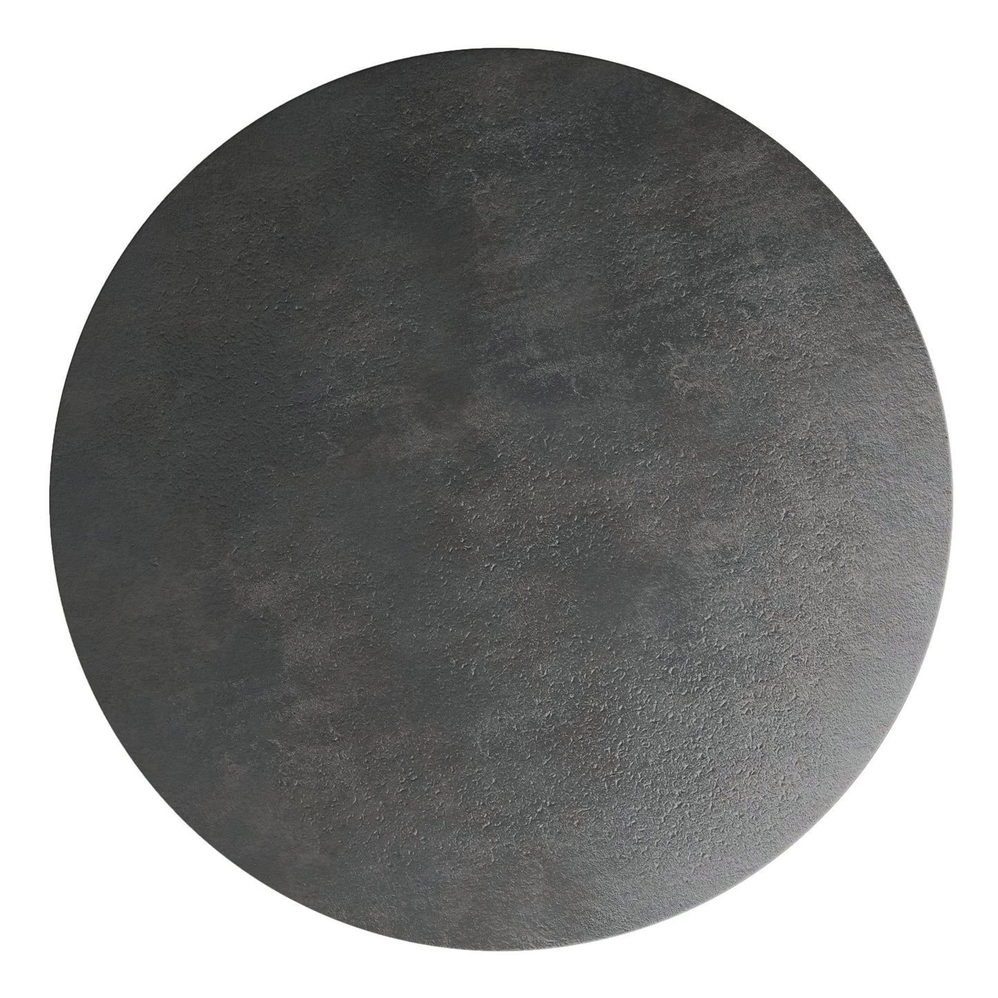 The Hughes Cast Aluminum Side Table features a circular, flat surface with a textured, dark gray-black finish that resembles stone or metal, shown set against a white background.
