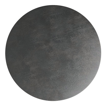 The Hughes Cast Aluminum Side Table features a circular, flat surface with a textured, dark gray-black finish that resembles stone or metal, shown set against a white background.