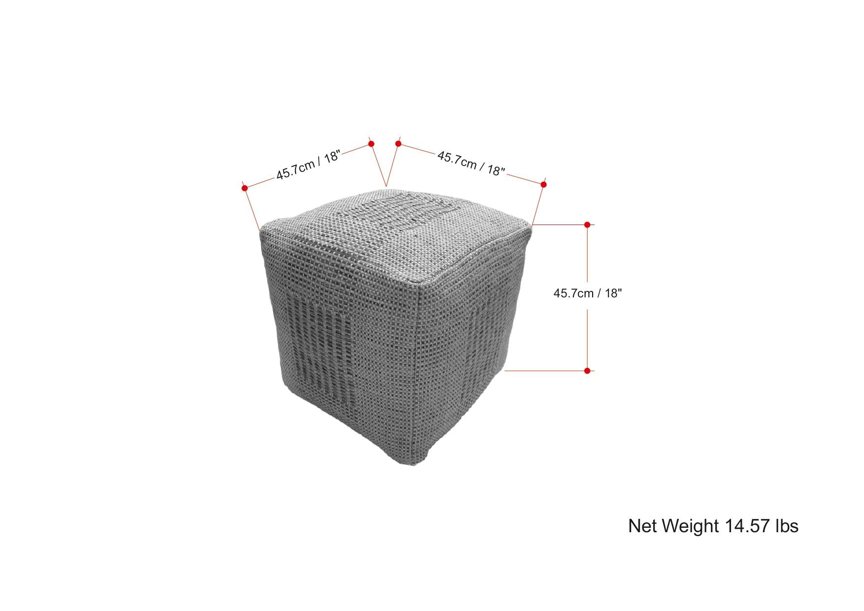 The Delilah - Square Woven Pouf - Natural is shown as a gray knitted ottoman with dimensions of 45.7 cm (18") per side and a net weight of 14.57 lbs, labeled in the bottom right corner of the image.