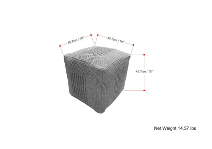The Delilah - Square Woven Pouf - Natural is shown as a gray knitted ottoman with dimensions of 45.7 cm (18") per side and a net weight of 14.57 lbs, labeled in the bottom right corner of the image.