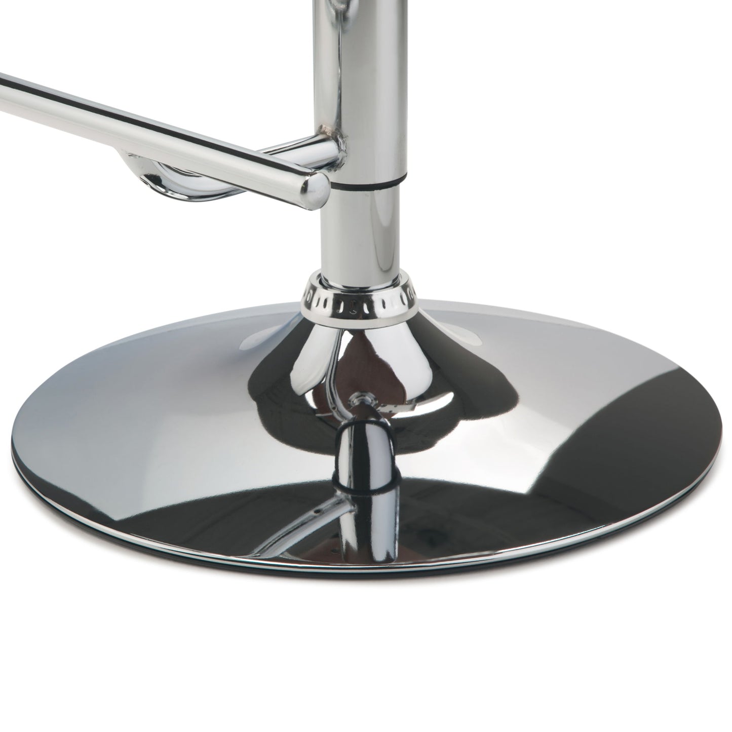 Close-up of the shiny chrome base of the Marana - Multifunctional Handcrafted Bentwood Adjustable Swivel Bar Stool, reflecting its surroundings on the polished metal surface.