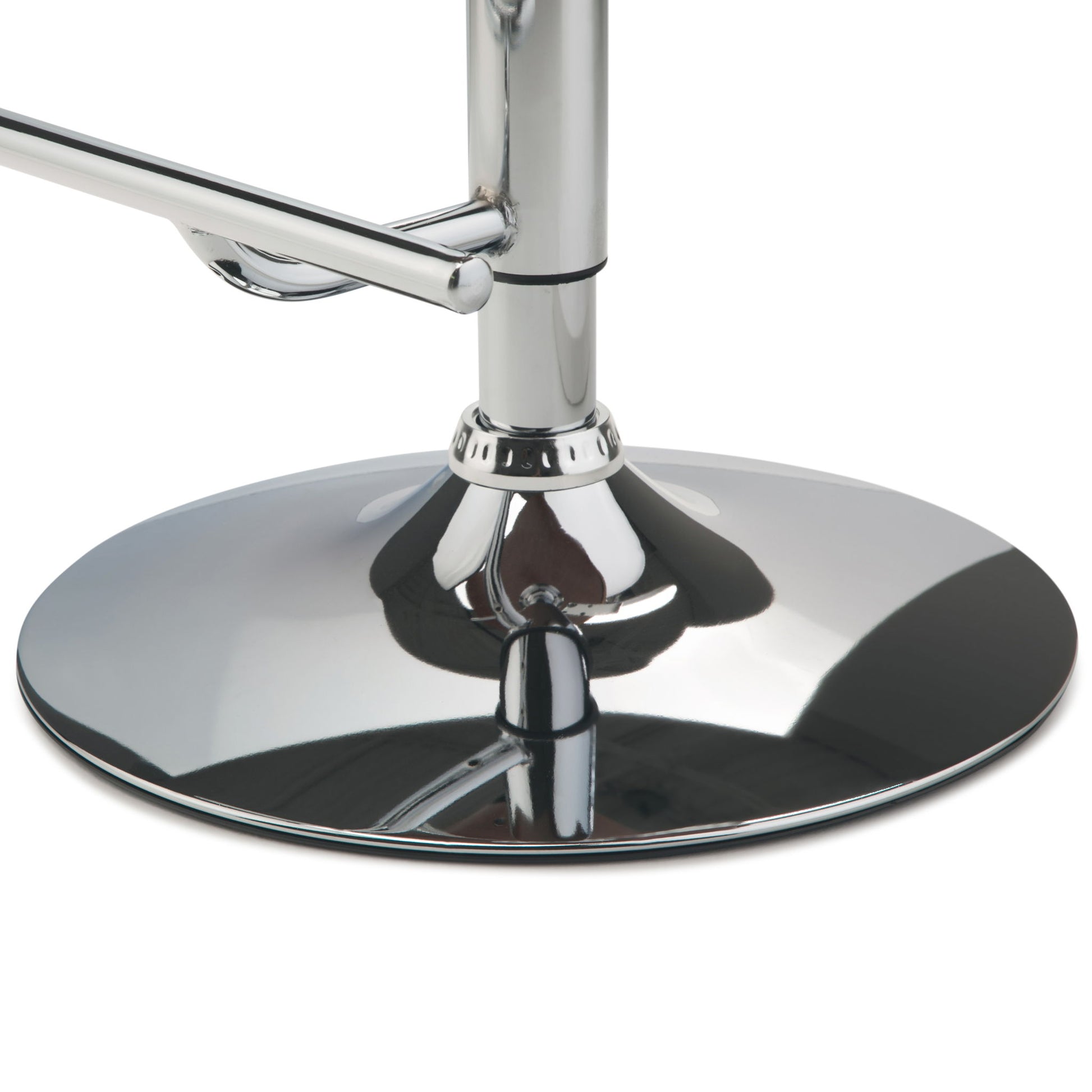Close-up of the shiny chrome base of the Marana - Multifunctional Handcrafted Bentwood Adjustable Swivel Bar Stool, reflecting its surroundings on the polished metal surface.