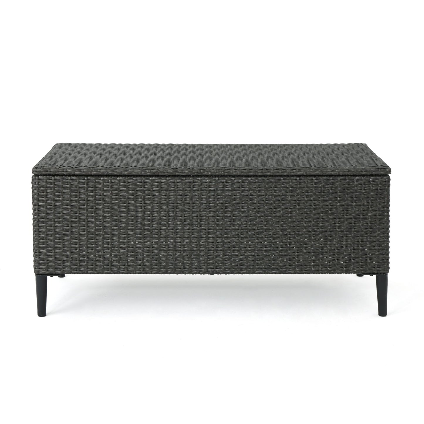 The Rupert Storage Unit is a rectangular outdoor box made of dark resin wicker with four black tapered legs, shown on a white background.