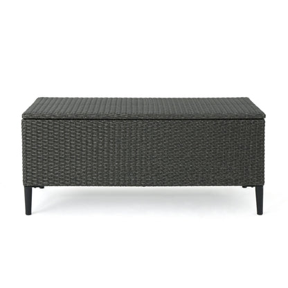 The Rupert Storage Unit is a rectangular outdoor box made of dark resin wicker with four black tapered legs, shown on a white background.