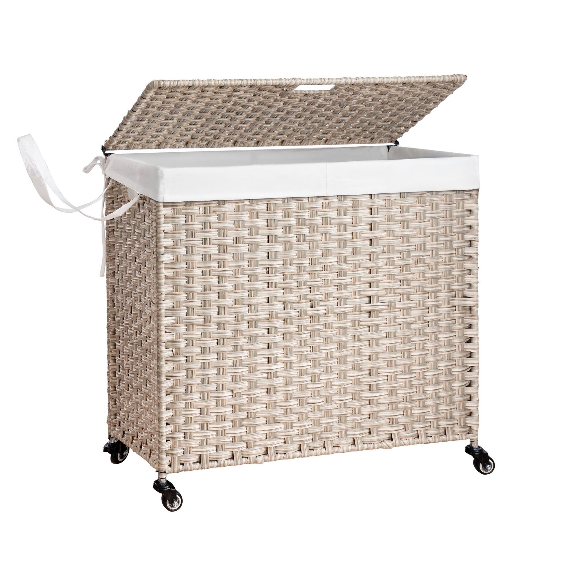 The Laundry Hamper With Lid features a PE rattan exterior, powder-coated frame, two removable bags, and side handles for easy carrying. It also includes a white fabric lining and four black caster wheels for effortless mobility.