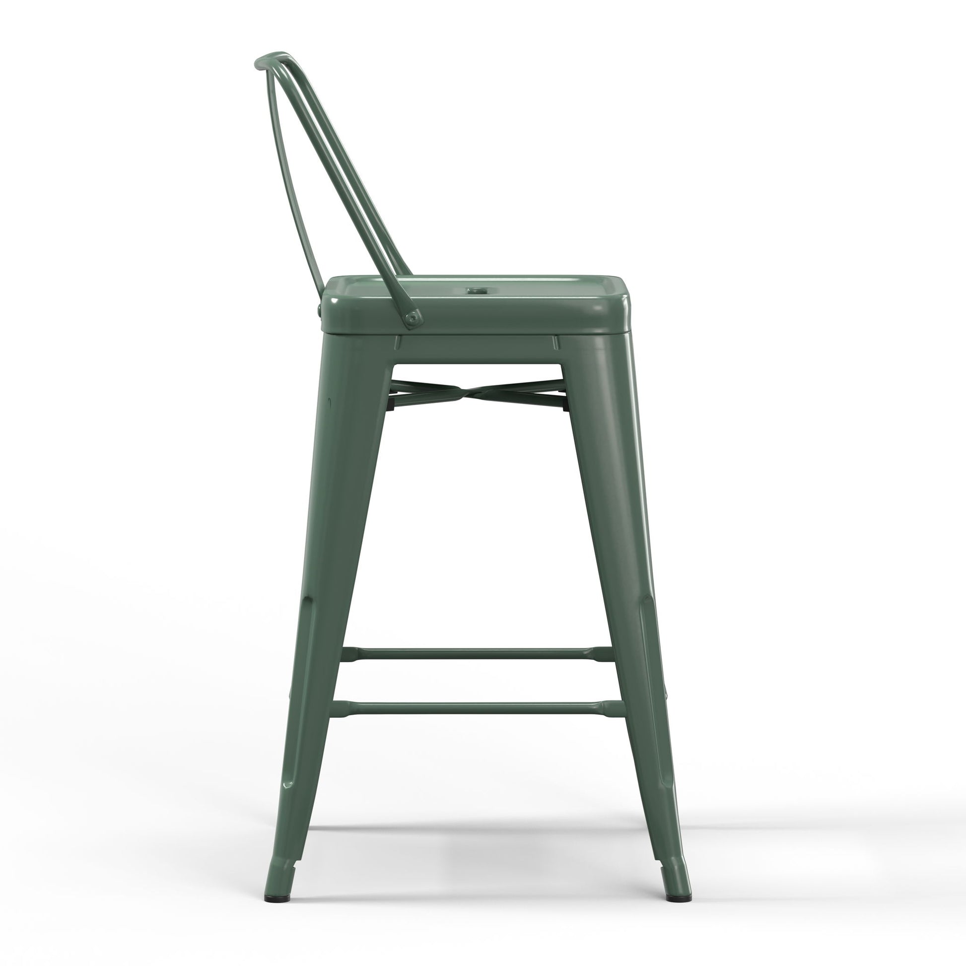 The Rayne Multifunctional Metal Stool in green features a backrest and is displayed from the side against a plain white background.