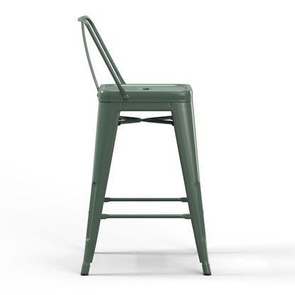 The Rayne Multifunctional Metal Stool in green features a backrest and is displayed from the side against a plain white background.