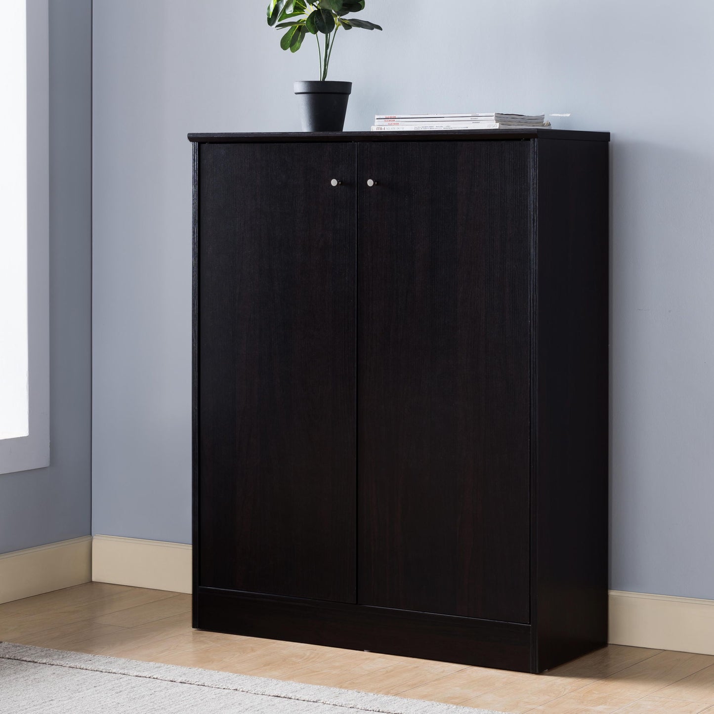 A Shoe/Storage Cabinet With Two Doors Five Shelves stands against a light blue wall, topped with a small potted plant and magazines. The floor beneath is light wood with a rug nearby.