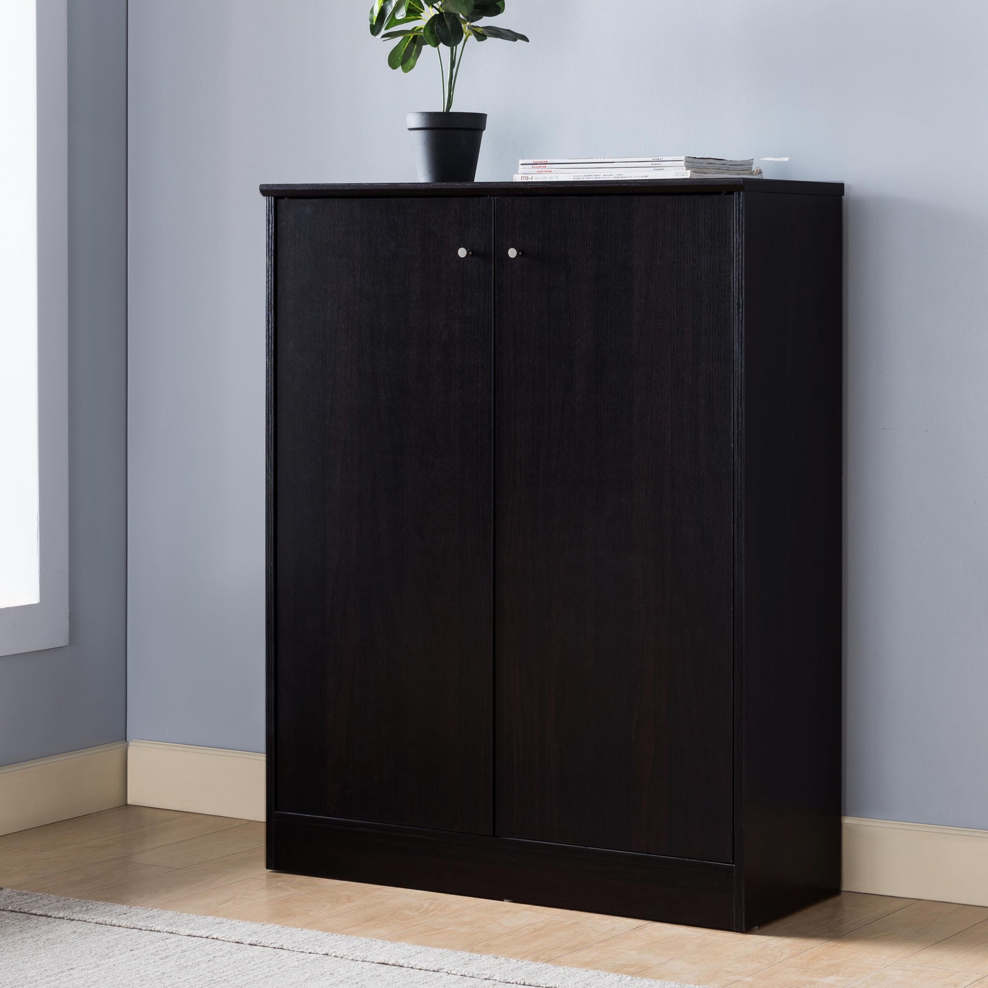 A Shoe/Storage Cabinet With Two Doors Five Shelves stands against a light blue wall, topped with a small potted plant and magazines. The floor beneath is light wood with a rug nearby.