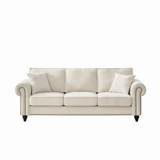 3 Seater Sofa With Tufted Upholstery, Rolled Arms, Nailhead Trim