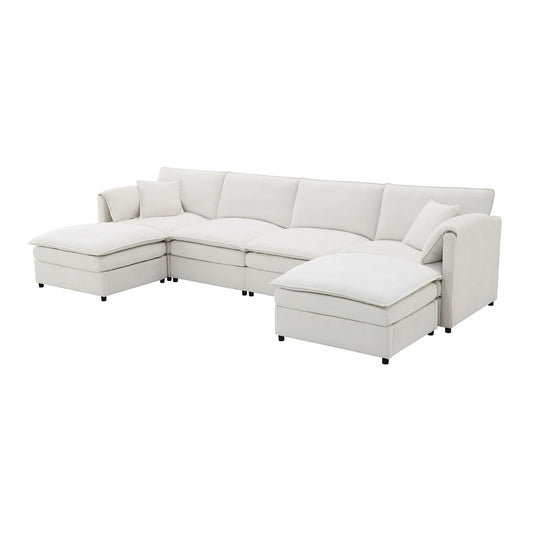 The Chenille Modular Sectional Sofa is a modern U-shaped cloud couch set with double cushions, six seats, chaise lounges at both ends, two matching pillows, and ottomans—perfect oversized indoor furniture for your living room.