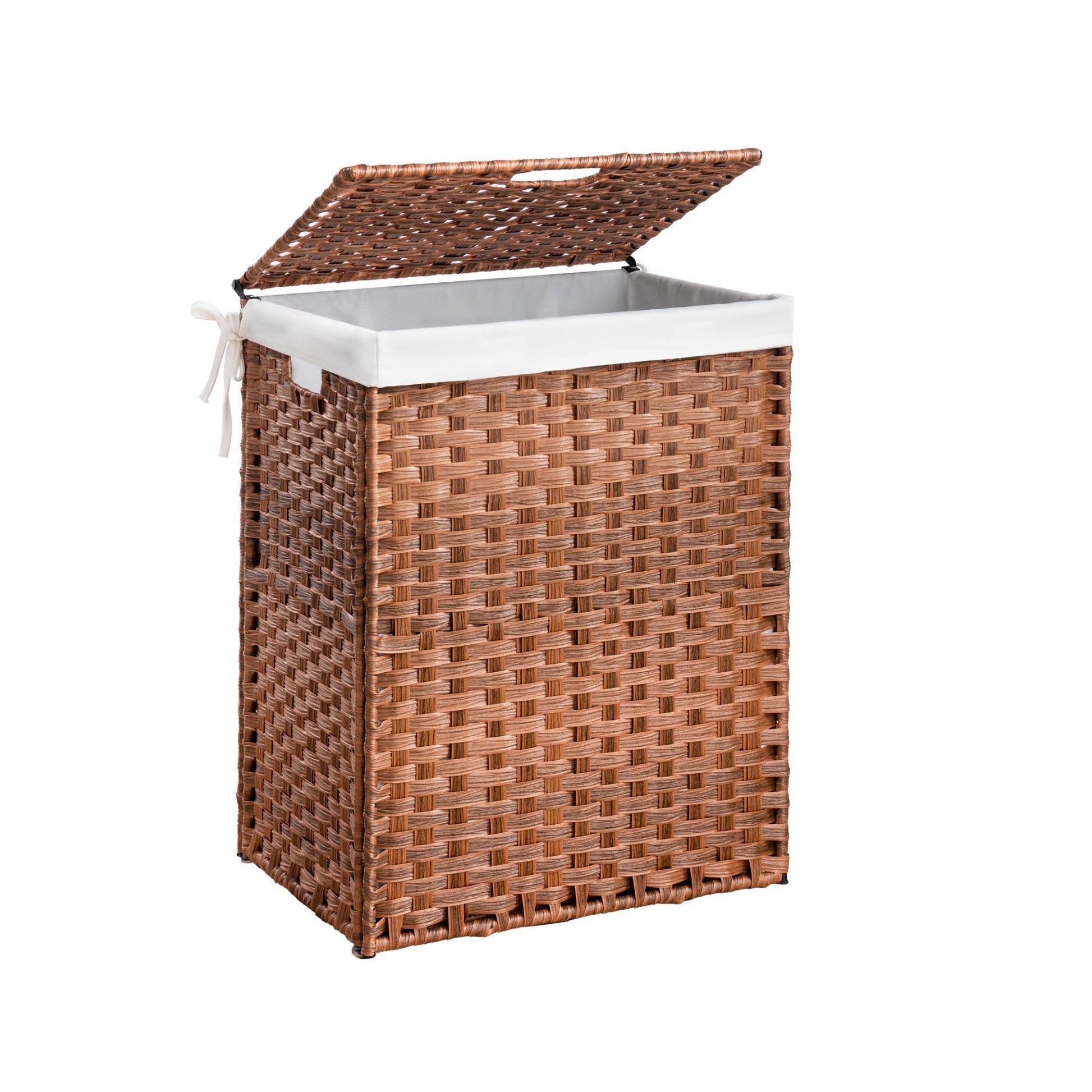 A Laundry Hamper With Lid featuring a PE rattan design and powder-coated frame, includes 2 removable bags, shown against a white background.
