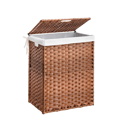 A Laundry Hamper With Lid featuring a PE rattan design and powder-coated frame, includes 2 removable bags, shown against a white background.