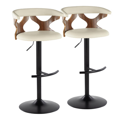 The Gardenia Contemporary Adjustable Barstool set includes two barstools with light beige cushioned seats, curved wooden cutout backrests, black swivel bases, and rounded T footrests—perfect for a modern look.
