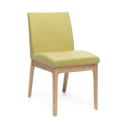The Contemporary Fabric Comfort Dining Chairs (Set of 2) feature green upholstered seats and backrests with light wooden legs, displayed against a white background.