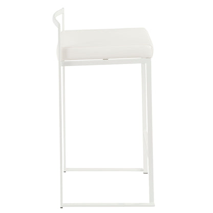The Fuji - Simple Elegance, Contemporary Stackable Counter Stool features a minimalist white design with a slim metal frame, a rectangular cushioned seat, and low backrest, shown in profile against a white background.